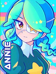 Rule 34 | 1girl, annie (skullgirls), blue outline, braid, character name, closed mouth, dress, expressionless, eyepatch, eyewear strap, green dress, green hair, hair over one eye, halftone, halftone background, highres, long hair, looking at viewer, oataruu, outline, puffy sleeves, skullgirls, solo, star (symbol), twin braids, upper body, yellow eyes