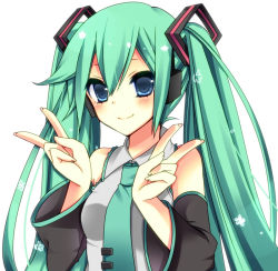 Rule 34 | 1girl, aqua eyes, aqua hair, bad id, bad pixiv id, colorized, detached sleeves, double v, hatsune miku, imouto (takahashisan), izumi koyune, long hair, looking at viewer, necktie, simple background, smile, solo, twintails, v, vocaloid