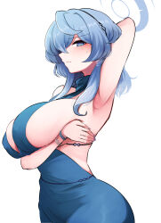 Rule 34 | 10eki (tenchou), 1girl, ako (blue archive), ako (dress) (blue archive), arm behind head, arm under breasts, arm up, armpits, backless dress, backless outfit, bare shoulders, blue archive, blue dress, blue eyes, blue hair, blush, bracelet, breast hold, breasts, cleavage, dress, earrings, hair between eyes, hairband, halo, highres, jewelry, large breasts, looking at viewer, medium hair, nail polish, sideboob, solo