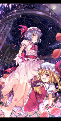 Rule 34 | 2girls, :d, :o, ascot, bare legs, barefoot, bat wings, blonde hair, blurry, blush, crescent moon, depth of field, dress, fang, feet, female focus, flandre scarlet, hat, highres, hinooka shuuji, letterboxed, light purple hair, looking at viewer, magic, moon, multiple girls, open mouth, petals, purple hair, red eyes, remilia scarlet, short hair, siblings, side ponytail, sisters, smile, touhou, wings, wrist cuffs