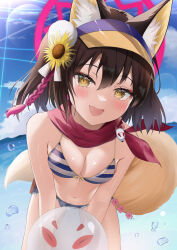 Rule 34 | 1girl, absurdres, animal ear fluff, animal ears, ball, bare arms, bare shoulders, beachball, bikini, blue archive, blush, breasts, breasts squeezed together, brown hair, cloud, eyelashes, fang, flower, fox ears, fox girl, fox mask, fox tail, front-tie bikini top, front-tie top, hair between eyes, hair flower, hair ornament, halo, highres, izuna (blue archive), izuna (swimsuit) (blue archive), leaning forward, looking at viewer, mask, medium breasts, micro shorts, midriff, navel, ocean, open mouth, pink flower, red scarf, scarf, shorts, smile, solo, standing, striped bikini, striped clothes, sun, sunflower, sunflower hair ornament, sunlight, swimsuit, tail, thighs, visor cap, water drop, yellow eyes, z o r o m e