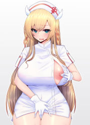 Rule 34 | 1girl, azur lane, blonde hair, blue eyes, braid, breasts, commentary request, covered erect nipples, curvy, dress, gloves, gradient background, hat, highres, horns, huge breasts, kira kazuki, kongou (azur lane), kongou (hospital talent) (azur lane), long hair, looking at viewer, nipples, nurse, nurse cap, open mouth, partially unbuttoned, short dress, short sleeves, sidelocks, simple background, solo, thighs, very long hair, white dress, white gloves, white hat, wide hips