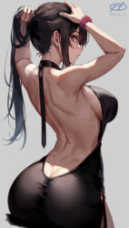 Rule 34 | 1girl, alternate costume, artist logo, ass, backless dress, backless outfit, black dress, black hair, breasts, butt crack, cowboy shot, dress, grey background, haruto (harut n), holding, holding hair, kantai collection, large breasts, looking at viewer, looking back, pink scrunchie, ponytail, red eyes, scrunchie, solo, yahagi (kancolle)