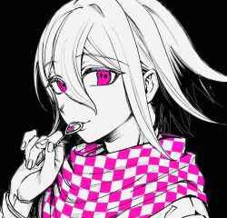 Rule 34 | 1boy, akira rnpso, black background, checkered clothes, checkered scarf, closed mouth, danganronpa (series), danganronpa v3: killing harmony, flipped hair, hair between eyes, hand up, heart, highres, holding, holding key, key, male focus, oma kokichi, pink eyes, pink scarf, scarf, simple background, smile, solo, spot color, two-tone scarf