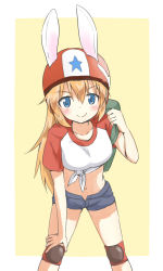 Rule 34 | 1girl, aged down, animal ears, backpack, bag, bent over, blonde hair, blue eyes, blush, breasts, brown hair, charlotte e. yeager, ears through headwear, hand on own knee, hatopoo (beach7pijon), helmet, knee pads, long hair, medium breasts, midriff, navel, rabbit ears, rabbit girl, raglan sleeves, shirt, short shorts, shorts, smile, solo, star (symbol), strike witches, t-shirt, tied shirt, world witches series