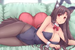 Rule 34 | 1girl, amane hasuhito, animal ears, bad id, bad twitter id, bare arms, blush, bow, bowtie, breasts, brown hair, brown pantyhose, cleavage, couch, detached collar, fake animal ears, female focus, fingernails, heart, heart-shaped pillow, highleg, imaizumi kagerou, large breasts, leotard, long fingernails, long hair, looking at viewer, lying, nail polish, on side, open mouth, pantyhose, pillow, playboy bunny, rabbit ears, red eyes, solo, tail, touhou, wolf ears, wolf tail, wrist cuffs