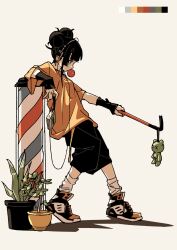 1girl arm_warmers barber_pole black_arm_warmers black_hair black_shorts cable chewing_gum color_guide crowbar double_bun from_side full_body gaako_illust hair_bun headphones heel_up highres holding holding_crowbar leaning_on_object loose_socks original plant potted_plant shirt shoes shorts simple_background sneakers socks solo standing stuffed_toy walkman yellow_shirt