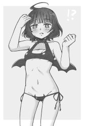 Rule 34 | !?, 1girl, absurdres, ahoge, alternate costume, bat wings, bikini, breasts, cleavage cutout, clothing cutout, demon girl, demon wings, eyebrows hidden by hair, greyscale, highres, kantai collection, kishinami (kancolle), monochrome, navel, onguuchi, short hair, side-tie bikini bottom, small breasts, solo, standing, swimsuit, turtleneck, wings