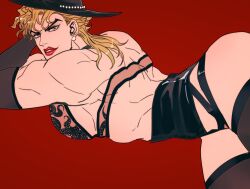 Rule 34 | 1boy, ass, back, black gloves, black hat, black thighhighs, blonde hair, commentary, corset, crossdressing, dio brando, earrings, elbow gloves, eyelashes, gloves, hat, highres, jewelry, jojo no kimyou na bouken, lipstick, long hair, looking at viewer, makeup, male focus, muscular, muscular male, parted lips, photo-referenced, red background, red lips, shenshan laolin, simple background, smile, solo, stardust crusaders, symbol-only commentary, thighhighs, thighs, yellow eyes