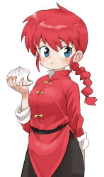Rule 34 | 1girl, :t, arm behind back, baozi, blue eyes, blush, bow, braid, chinese clothes, closed mouth, cowboy shot, eating, food, genderswap, genderswap (mtf), highres, holding, holding food, long hair, long sleeves, looking at viewer, nose blush, ranma-chan, ranma 1/2, red hair, saotome ranma, side slit, sidelocks, simple background, single braid, sketch, sleeves rolled up, solo, tangzhuang, tareme, white background, yamamoto souichirou, yellow bow