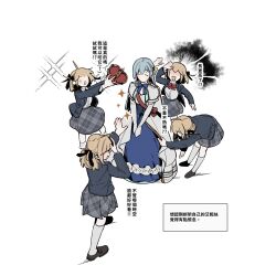 Rule 34 | 5girls, ahoge, anisphia wynn palettia, black jacket, black ribbon, blonde hair, blue bow, blue bowtie, blue skirt, bow, bowtie, chinese commentary, chinese text, clone, closed eyes, coat, collared shirt, commentary request, contemporary, euphyllia magenta, gloves, grey hair, grey skirt, hair ribbon, highres, jacket, lelioz, long hair, medium hair, multiple girls, open clothes, open jacket, open mouth, plaid, plaid skirt, red bow, red bowtie, ribbon, school uniform, shirt, skirt, smile, sparkle, tensei oujo to tensai reijou no mahou kakumei, translation request, white coat, white gloves, white shirt