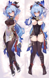 Rule 34 | 1girl, ahoge, arm up, armpits, arms up, bare shoulders, bell, between breasts, black gloves, black leotard, black pantyhose, blue hair, blush, bodystocking, breasts, breasts out, censored, chinese knot, clothes between breasts, comiket 103, commentary request, covered navel, dakimakura (medium), detached sleeves, feet, flower knot, full body, ganyu (genshin impact), genshin impact, gloves, gold trim, groin, heart, heart censor, high heels, highres, horns, legs together, leotard, leotard under clothes, light smile, long hair, looking at viewer, lying, medium breasts, multiple views, neck bell, no shoes, nose blush, on back, paid reward available, pantyhose, purple eyes, sample watermark, shirokitsune, sideboob, sidelocks, smile, tassel, taut clothes, taut leotard, thighlet, thighs, torn bodystocking, torn clothes, torn pantyhose, vision (genshin impact), waist cape, watermark, white sleeves