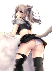 Rule 34 | 10s, 1girl, animal ears, aruma jiki, bare shoulders, black thighhighs, blush, breasts, brown hair, cross-laced clothes, final fantasy, final fantasy xiv, high ponytail, long hair, looking back, miniskirt, miqo&#039;te, open mouth, panties, pantyshot, purple eyes, simple background, skirt, solo, standing, tail, thighhighs, underwear, upskirt, warrior of light (ff14), white background, white panties