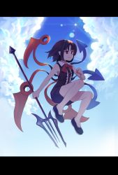 Rule 34 | 1girl, adapted costume, anarogumaaa, asymmetrical wings, bad id, bad pixiv id, bare legs, black dress, black hair, clenched hands, cloud, cloudy sky, day, dress, floating, from side, highres, holding, holding weapon, houjuu nue, letterboxed, light smile, lips, looking away, polearm, red eyes, red ribbon, ribbon, shoes, short dress, short hair, sky, sleeveless, sleeveless dress, solo, thighs, touhou, trident, weapon, wings