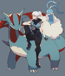 Rule 34 | 1girl, altaria, animification, black footwear, black pants, blue eyes, boots, creatures (company), cropped jacket, crossover, game freak, gen 3 pokemon, grey background, grey hair, hair behind ear, hair bun, highres, holding, holding poke ball, hyoon (sockgyu), jett (valorant), looking to the side, nintendo, pants, poke ball, pokemon, pokemon (creature), salamence, sitting, sleeveless, sleeveless jacket, valorant