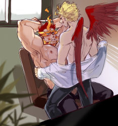 Rule 34 | 2boys, :q, absurdres, armpits, beard, blonde hair, blush, boku no hero academia, bound, bound wrists, chest hair, couple, cuffs, endeavor (boku no hero academia), facial hair, feathered wings, fire, greyscale, handcuffs, hawks (boku no hero academia), helen roro, highres, large pectorals, male focus, mature male, monochrome, multiple boys, muscular, muscular male, nipples, open clothes, open pants, open shirt, pants, pectorals, red hair, red wings, scar, scar across eye, scar on face, short hair, sideburns, sketch, spiked hair, spread legs, stubble, sweat, toned, toned male, tongue, tongue out, wings, yaoi