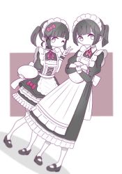 Rule 34 | 2girls, black dress, black footwear, black hair, bow, colored skin, dress, dress bow, dutch angle, grey eyes, hair bow, highres, holding, holding plate, holding tray, long sleeves, maid, multiple girls, omochi noa, original, pantyhose, plate, shoes, side ponytail, tray, white pantyhose, white skin
