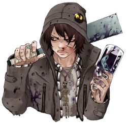 Rule 34 | 1boy, :q, badge, black coat, blood, blood on face, brown eyes, brown hair, coat, collarbone, cork, cross, cross necklace, hair over one eye, holding, holding weapon, hood, hood up, hooded coat, injury, jacket, jewelry, kazue kato, long sleeves, looking to the side, male focus, necklace, open clothes, open jacket, original, pendant, prototype design, ring, scar, scar on face, shaded face, skeleton, solo, tongue, tongue out, unzipped, upper body, weapon, zipper