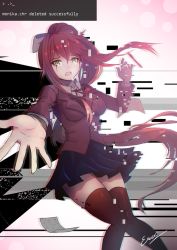 Rule 34 | 1girl, anaglyph, artist name, black thighhighs, blazer, blood, bloody tears, blue skirt, bow, breasts, brown hair, collared shirt, commentary, crying, crying with eyes open, d:, doki doki literature club, english commentary, english text, erospanda, feet out of frame, foreshortening, glitch, gradient background, green eyes, grey jacket, hair bow, hand up, jacket, knees together feet apart, long hair, long sleeves, looking at viewer, medium breasts, miniskirt, monika (doki doki literature club), open mouth, outstretched arm, outstretched hand, paper, pen, pink background, pleated skirt, polka dot, polka dot background, ponytail, reaching, reaching towards viewer, ribbon, school uniform, shirt, sidelocks, signature, simple background, skirt, solo, spoilers, tears, thighhighs, vest, white background, white bow, white ribbon, white shirt, wing collar, zettai ryouiki