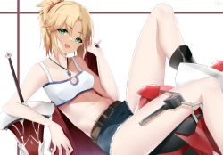 Rule 34 | 1girl, absurdres, belt, black footwear, blonde hair, boots, breasts, brown belt, chinese commentary, crop top, denim, denim shorts, fate/apocrypha, fate/grand order, fate (series), feet out of frame, green eyes, grin, hair ornament, hair scrunchie, highres, holding, holding clothes, holding jacket, jacket, jacket over shoulder, unworn jacket, jewelry, looking at viewer, medium hair, mordred (fate), mordred (fate/apocrypha), navel, necklace, on motorcycle, open mouth, ponytail, scrunchie, shirt, shorts, sitting, small breasts, smile, solo, sword, thighs, weapon, white background, white shirt, yanwulazy