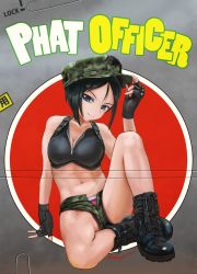 Rule 34 | 10s, 1girl, abazu-red, black bra, black eyes, black footwear, black gloves, black hair, boots, bra, breasts, camouflage, chouno ami, closed mouth, combat boots, english text, fingerless gloves, girls und panzer, gloves, green shorts, hat, highres, holding, large breasts, looking at viewer, military hat, navel, nose art, open fly, panties, purple panties, rising sun flag, shorts, sitting, solo, sports bra, sunburst, twitter username, underwear, unzipped