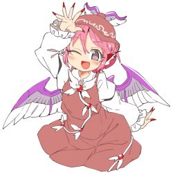 Rule 34 | 1girl, animal ears, arm up, bird ears, bird wings, blush, brown dress, brown headwear, dress, earrings, fang, fingernails, frilled sleeves, frills, grey eyes, hair between eyes, ini (inunabe00), jewelry, long fingernails, long sleeves, mystia lorelei, nail polish, one eye closed, open mouth, pink hair, red nails, sharp fingernails, short hair, simple background, single earring, smile, solo, touhou, white background, white wings, winged hat, wings