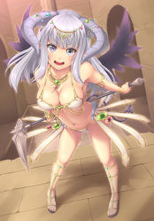 Rule 34 | 1girl, ankh, bare shoulders, bracelet, breasts, demon tail, feet, full body, hair ornament, highres, horns, jewelry, large breasts, long hair, looking at viewer, lots of jewelry, navel, open mouth, original, purple eyes, purple hair, sandals, sasaame, scythe, smile, solo, standing, symbol-shaped pupils, tail, toes, war hammer, weapon, wings