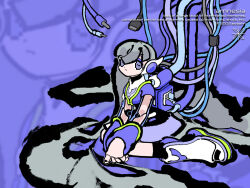 Rule 34 | 1girl, aiobahn, android, boots, cable, closed mouth, dress, expressionless, full body, grey hair, jacket, joints, long hair, long sleeves, looking at viewer, purple eyes, purple jacket, robot joints, second-party source, sitting, solo, sono (samusu gi), very long hair, wariza, white footwear, zoom layer