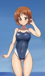 Rule 34 | 10s, 1girl, adjusting hair, blush, breasts, brown eyes, brown hair, competition swimsuit, girls und panzer, highres, looking at viewer, nishizumi miho, one-piece swimsuit, short hair, smile, solo, solokov (okb-999), swimsuit, wet, wet clothes, wet swimsuit
