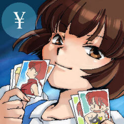 Rule 34 | 1girl, biifun, blouse, blue background, blue dress, blunt bangs, bob cut, brown eyes, brown hair, close-up, closed mouth, commentary, dithering, dress, dutch angle, fuurinkan high school uniform, holding, holding photo, light smile, looking at viewer, lowres, narrowed eyes, p-chan, photo (object), pixel art, portrait, puffy sleeves, ranma-chan, ranma 1/2, retro artstyle, school uniform, shirt, short hair, smile, smug, solo, speech bubble, spoken money, tendou nabiki, white shirt