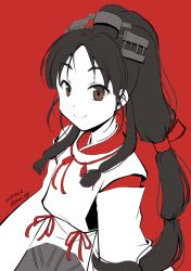 Rule 34 | 1girl, black hair, brown eyes, dated, hair tie, high ponytail, japanese clothes, kantai collection, kariginu, long hair, miko, multi-tied hair, nao (nao eg), nisshin (kancolle), red background, red ribbon, ribbon, short eyebrows, smile, solo, thick eyebrows, upper body, very long hair