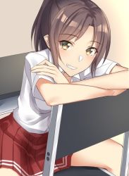 Rule 34 | 1girl, blush, brown hair, chair, commentary request, copyright request, crossed arms, looking at viewer, pallad, parted bangs, pleated skirt, ponytail, red skirt, shirt, short sleeves, sitting, skirt, smile, solo, spread legs, white shirt, yellow eyes