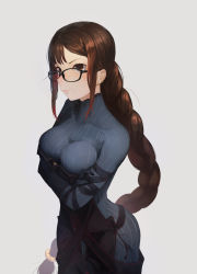 Rule 34 | 1girl, arms under breasts, braid, braided ponytail, breast hold, breasts, brown eyes, brown hair, collarbone, crossed arms, dress, earrings, fate/grand order, fate (series), glasses, highres, jewelry, long hair, medium breasts, mori yashiro (konkon oyashiro), simple background, sneer, solo, very long hair, white background, yu mei-ren (fate), yu mei-ren (first ascension) (fate)