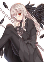 Rule 34 | 1girl, black dress, black feathers, black jacket, black pantyhose, black wings, chain, commentary request, cropped jacket, dress, eyepatch, feathered wings, feathers, hand up, head tilt, higyaku no noel, jacket, light brown hair, long hair, long sleeves, looking at viewer, medical eyepatch, noel cerquetti, open clothes, open jacket, pantyhose, parted lips, red eyes, simple background, sleeves past wrists, solo, tukino neru, very long hair, white background, wings