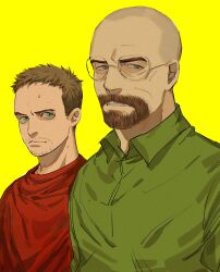 Rule 34 | 2boys, absurdres, animification, bald, blue eyes, breaking bad, brown hair, collared shirt, facial hair, glasses, goatee, green shirt, hair behind ear, highres, jesse pinkman, looking to the side, ma2 ereki, male focus, multiple boys, parted lips, portrait, red shirt, shirt, stubble, walter white, yellow background