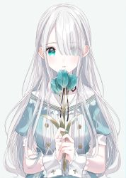 Rule 34 | 1girl, blue dress, blue eyes, blue flower, blue nails, commentary, cross, dress, eyes visible through hair, flower, grey background, hair over one eye, highres, holding, holding flower, long hair, looking at viewer, misumi (macaroni), nail polish, original, parted lips, puffy short sleeves, puffy sleeves, sailor collar, sailor dress, short sleeves, silver hair, simple background, solo, upper body, very long hair, white sailor collar, wrist cuffs