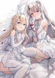 Rule 34 | 2girls, amatsukaze (kancolle), aruka, blonde hair, blue eyes, bound, bound arms, brown eyes, dress, elbow gloves, garter straps, gloves, grey hair, hairband, highres, kantai collection, long hair, looking at viewer, multiple girls, open mouth, ribbon, shimakaze (kancolle), thighhighs, two side up, white dress, white gloves