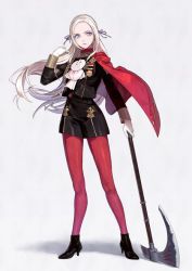 Rule 34 | 1girl, ankle boots, ascot, axe, black footwear, boots, cape, closed mouth, commentary, edelgard von hresvelg, fire emblem, fire emblem: three houses, floating hair, forehead, full body, garreg mach monastery uniform, gloves, hair ribbon, high heel boots, high heels, holding, holding axe, holding weapon, lips, long hair, long sleeves, looking at viewer, mueririko, nintendo, pantyhose, purple eyes, purple ribbon, red cape, red pantyhose, ribbon, shadow, silver hair, simple background, solo, uniform, weapon, white ascot, white background, white gloves
