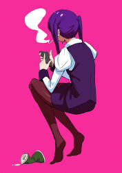 Rule 34 | 1girl, absurdres, beer can, brown pantyhose, can, cellphone, chinese commentary, cigarette, collared shirt, commentary request, crushed can, dress, drink can, from behind, full body, highres, holding, holding cigarette, holding phone, jill stingray, juliet sleeves, long hair, long sleeves, mouth hold, no shoes, pantyhose, phone, pink background, playing games, puffy sleeves, purple dress, purple hair, shirt, short dress, simple background, sitting, sleeveless, sleeveless dress, smartphone, smoke, smoking, solo, toes, twintails, va-11 hall-a, white shirt, white sleeves, xiaomai yorik