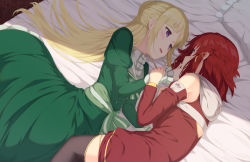 Rule 34 | 2girls, bed, bedroom, blonde hair, commentary, couple, dress, eye contact, finger to another&#039;s mouth, green dress, happy, highres, indoors, izetta, light blush, long hair, looking at another, multiple girls, nuenue, on bed, ortfine fredericka von eylstadt, pillow, purple eyes, red hair, short hair, shuumatsu no izetta, smile, thighhighs, yuri