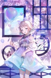 Rule 34 | 1girl, artist name, balloon, bare shoulders, blue dress, blunt bangs, blush, bow, braid, character name, dappled sunlight, day, detached sleeves, dress, feet out of frame, gradient clothes, gradient dress, hair bow, hair ornament, hairclip, hand up, highres, holding, holding balloon, indie virtual youtuber, light brown hair, looking at viewer, okeno kamoku, open mouth, outdoors, purple bow, purple dress, purple eyes, purple theme, shadow, short bangs, short dress, short hair, single braid, solo, standing, sunlight, takazaiku satori, teeth, upper teeth only, virtual youtuber, window