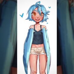 Rule 34 | 1girl, :d, ahoge, bare shoulders, black camisole, blue feathers, blue hair, blue wings, blush, bob cut, breasts, brown shorts, camisole, cleavage, collarbone, commentary, cutoffs, english commentary, feathered wings, feathers, feet out of frame, hair between eyes, harpy, heart, highres, looking at viewer, midriff, monster girl, monster musume no iru nichijou, navel, open mouth, papi (monster musume), pillarboxed, short hair, short shorts, shorts, sketch, small breasts, smile, solo, tea patriarch, thick eyebrows, white background, winged arms, wings, yellow eyes