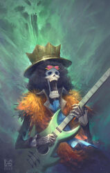 Rule 34 | 1boy, 2017, afro, ascot, black hair, blue ascot, brook (one piece), commentary, crown hat, electric guitar, english commentary, eyewear on head, ghost, guitar, hat, heart, heart-shaped eyewear, highres, holding, holding guitar, holding instrument, instrument, male focus, music, one piece, open mouth, pink-tinted eyewear, playing guitar, playing instrument, signature, skeleton, solo, sunglasses, tinted eyewear, vuogle, yellow-framed eyewear