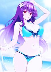 Rule 34 | 1girl, aqua bikini, beach, bikini, blue sky, blush, breasts, cleavage, cloud, commentary request, engo (aquawatery), etou fujiko, flower, gluteal fold, hair between eyes, hair flower, hair intakes, hair ornament, highres, ichiban ushiro no daimaou, large breasts, layered bikini, long hair, looking at viewer, navel, non-web source, ocean, open mouth, outdoors, purple hair, scathach skadi (swimsuit ruler) (fate), scathach skadi (swimsuit ruler) (final ascension) (fate), sky, smile, solo, stomach, sunlight, swimsuit, thighs, very long hair, water, white flower