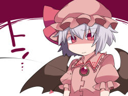 Rule 34 | &lt;o&gt; &lt;o&gt;, 1girl, 3:, bat wings, breast conscious, brooch, commentary request, flat chest, frown, hammer (sunset beach), jewelry, light purple hair, puffy sleeves, red eyes, remilia scarlet, short hair, solo, symbol ricochet, touhou, translation request, upper body, wavy mouth, wings