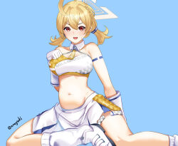 Rule 34 | 1girl, ahoge, aona (anagasaki), bare shoulders, blonde hair, blue archive, blush, braid, breasts, checkered clothes, cheerleader, gloves, halo, kotori (blue archive), kotori (cheer squad) (blue archive), large breasts, loose socks, low twintails, midriff, millennium cheerleader outfit (blue archive), navel, open mouth, pleated skirt, red eyes, shoes, short hair, single braid, skirt, smile, sneakers, socks, solo, triangle print, twintails, white gloves, white skirt, yellow halo