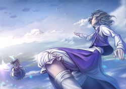 Rule 34 | 2girls, cirno, cloud, female focus, flying, hair ribbon, lain, landscape, letty whiterock, mountain, multiple girls, outstretched hand, petals, ribbon, touhou, wings, | |