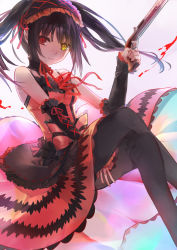 Rule 34 | 10s, 1girl, artist request, bare shoulders, black hair, black thighhighs, breasts, cleavage, clock eyes, date a live, dress, gun, hairband, heterochromia, lolita fashion, lolita hairband, long hair, looking at viewer, mimi n, red eyes, rifle, smile, solo, symbol-shaped pupils, thighhighs, tokisaki kurumi, twintails, weapon, yellow eyes