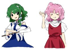Rule 34 | 2girls, arm up, blush stickers, breasts, closed eyes, collared shirt, commentary request, detached sleeves, flat chest, frog hair ornament, green eyes, green hair, hair ornament, kaigen 1025, kochiya sanae, medium hair, multiple girls, no nose, open mouth, pink hair, red skirt, red vest, sara (touhou), shirt, simple background, skirt, sleeveless, sleeveless shirt, small breasts, smile, touhou, touhou (pc-98), vest, white background, white shirt, white sleeves