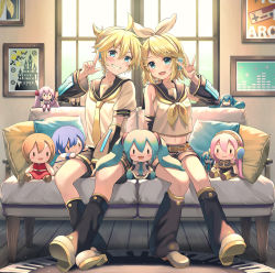 Rule 34 | 1boy, banned artist, blonde hair, blue eyes, brother and sister, commentary request, couch, detached sleeves, doll, drawing (object), hair ornament, hairclip, hatsune miku, headphones, headset, highres, indoors, kagamine len, kagamine rin, kaito (vocaloid), leg warmers, megurine luka, meiko (vocaloid), morning, necktie, on bench, pillow, sailor collar, shorts, siblings, sitting, teeth, twins, vocaloid, window, wooden floor, yellow necktie, yuuka nonoko